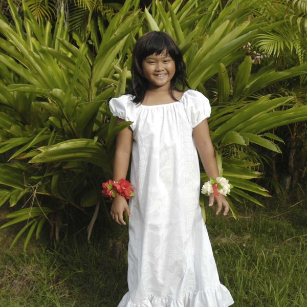 Girls Hawaiian Style Long Muumuu Dress White on White Flower. Made in Hawaii. Free Shipping in USA