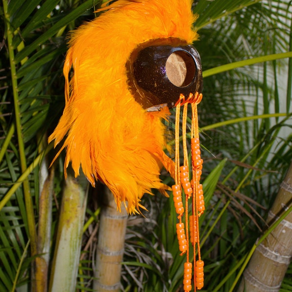 Full Feather Large Hawaiian Warrior Ikaika Makaki'i Mask Coconut Shell Helmets. Color Orange