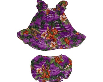 Girls Hawaii Style Muumuu Dress snd Short Set, Purple Flower Palm Tree and Flower Leis for Kaki. Made in Hawaii. Free Shipping in USA