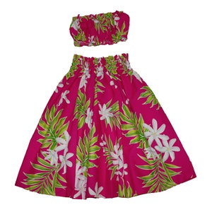 Hawaiian Print Young Girl Hula Skirts For 8 to 11 Years Old Girls Pa'u Hula Tiare Flower Skirts with Matching Top. Hand Made in Hawaii Pink