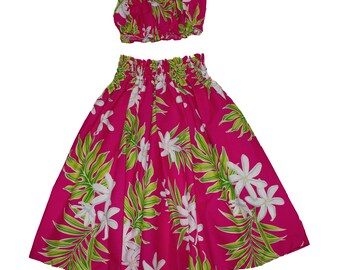 Hawaiian Print Young Girl Hula Skirts For 8 to 11 Years Old Girls Pa'u Hula Tiare Flower Skirts with Matching Top. Hand Made in Hawaii