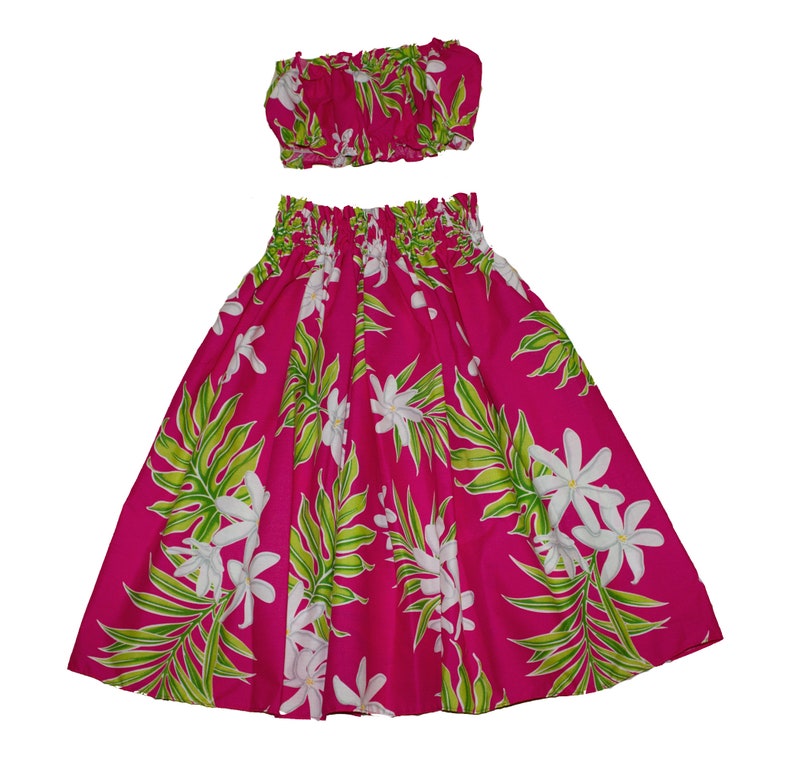 Hawaiian Print Young Girl Hula Skirts For 8 to 11 Years Old Girls Pa'u Hula Tiare Flower Skirts with Matching Top. Hand Made in Hawaii Pink