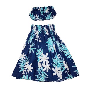 Hawaiian Print Young Girl Hula Skirts For 8 to 11 Years Old Girls Pa'u Hula Tiare Flower Skirts with Matching Top. Hand Made in Hawaii Blue