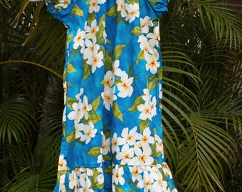 Girls Hawaii Style Long Muumuu Dress Blue Flower. Made in Hawaii. Free Shipping in USA