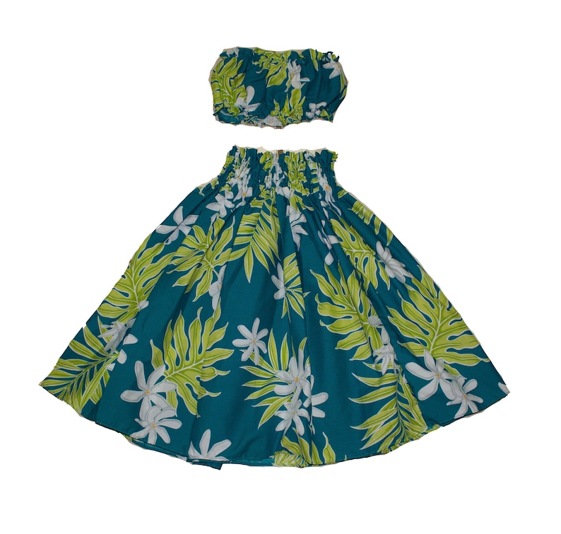 Hawaiian Print Young Girl Hula Skirts For 8 to 11 Years Old Girls Pa'u Hula Tiare Flower Skirts with Matching Top. Hand Made in Hawaii Green