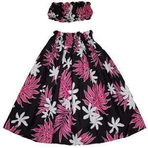 Hawaiian Print Young Girl Hula Skirts For 8 to 11 Years Old Girls Pa'u Hula Tiare Flower Skirts with Matching Top. Hand Made in Hawaii Black