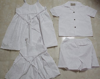 Two Girls Hawaii Sun Dress White Flower on White Fabric Size 1 and 8, One Boy Set Size 5/6. Made in Hawaii. Free Shipping in USA