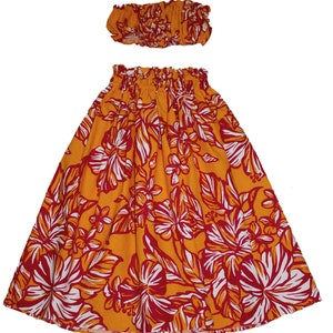 Hawaiian Print Young Girl Hula Skirts For 8 to 11 Years Old Girls Pa'u Hula Tiare Flower Skirts with Matching Top. Hand Made in Hawaii Orange