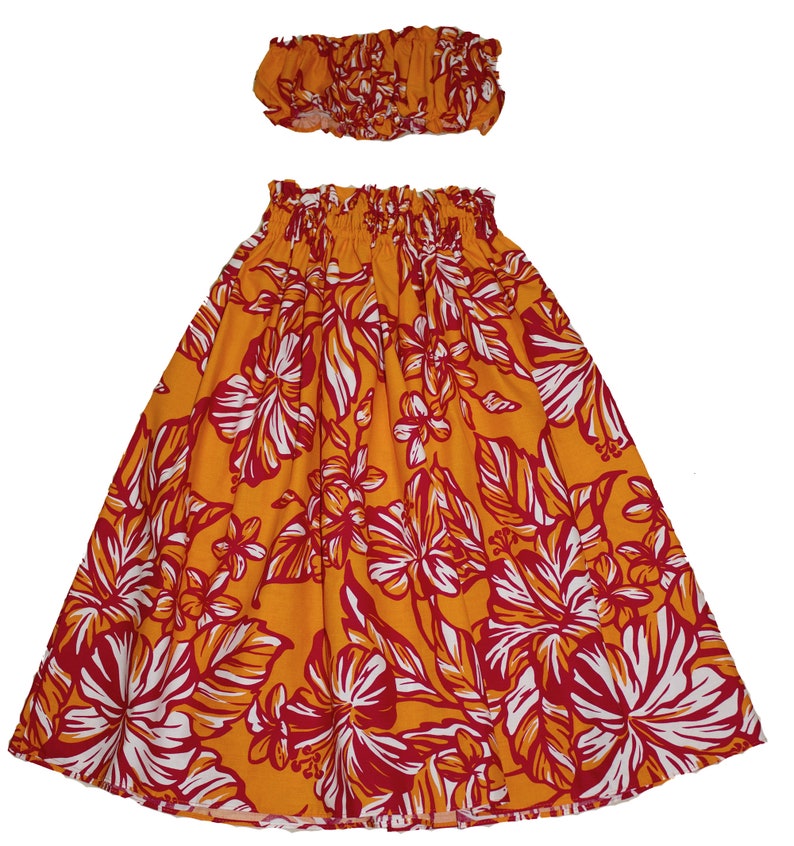 Hawaiian Print Young Girl Hula Skirts For 8 to 11 Years Old Girls Pa'u Hula Tiare Flower Skirts with Matching Top. Hand Made in Hawaii Orange