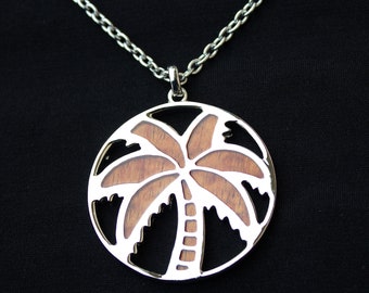 Hawaii Palm Tree Hawaiian Pendants Necklace, Hawaii 1.5" Diameter Round Pendant, Stainless Steel and Koa Wood