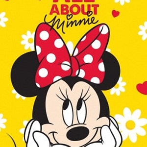 May include: Minnie Mouse with a red polka dot bow, smiling and looking up. The background is yellow with white flowers and red hearts. The text "It's All About Minnie" is at the top of the image.