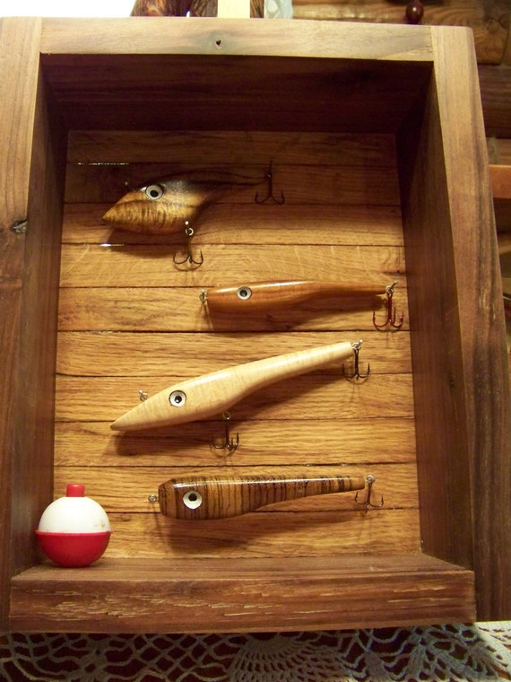 Items similar to SB255 Walnut and Black Oak Fishing Lure Shadow Box with Exotic Wooden Fishing