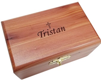 Engraved Wood Prayer Box, Christening, Baptism, God Child Gift, Grandchild Keepsake, Rosary, Lock and Key, Religious Gift, Cedar Wood