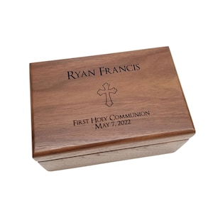 Engraved Wood Prayer Box, First Communion, God Child Gift, Grandchild Keepsake, Bible Verse, Rosary, Solid Cherry, Solid Walnut Keepsake Box