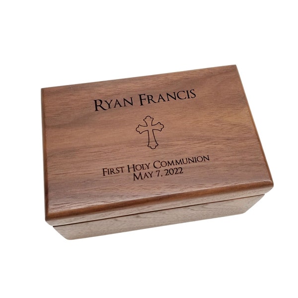 Engraved Wood Prayer Box, First Communion, God Child Gift, Grandchild Keepsake, Bible Verse, Rosary, Solid Cherry, Solid Walnut Keepsake Box