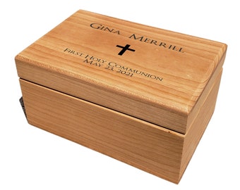 Engraved Wood Prayer Box, First Communion, God Child Gift, Grandchild Keepsake, Bible Verse, Rosary, Solid Cherry, Solid Walnut Keepsake Box