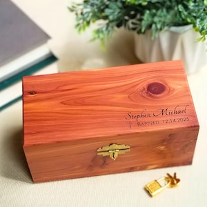 Baptism Gift, Engraved Cedar Keepsake Box for Boy or Girl, Godson Christening Gift from Godparents, First Sacrament Present, Wood Memory Bin