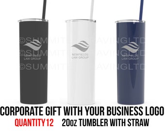 Custom Corporate Gift Engraved Stainless Steel Tumbler with Straw, Quantity 12, 20oz Double Wall Travel Mug With Your Business Logo