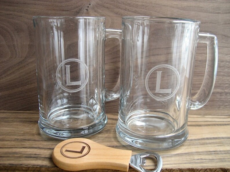 Personalized Beer Mug Set Engraved Glasses Pair And Bottle Opener Gift Groomsman Father S Day