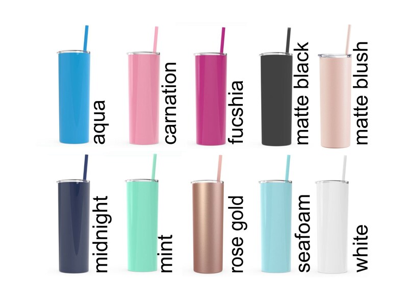 May include: A collection of ten insulated tumblers in various colors, each with a matching straw. Colors include aqua, carnation, fuchsia, matte black, matte blush, midnight, mint, rose gold, seafoam, and white. The tumblers are cylindrical and appear to be made of stainless steel.