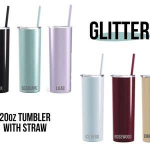 May include: A collection of six glitter-finished 20oz tumblers with straws. Colors include black, seafoam green, lilac, light blue, burgundy, and champagne. Each tumbler has a matching straw. Text on the image reads "Glitter" and "20oz Tumbler with Straw".