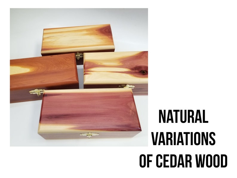 May include: Four wooden boxes made of cedar wood, showcasing the natural variations in color and grain patterns. The boxes are arranged in a staggered formation, with the top box being the lightest in color and the bottom box being the darkest.