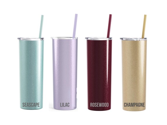 Engraved Glitter Tumbler with Straw, Personalized Bridesmaid Cup, 20 oz Skinny Stainless Steel