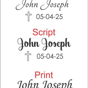 May include: Three different styles of a memorial plaque with the name "John Joseph" and the date "05-04-25". The styles are "Classic", "Script", and "Print".
