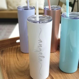 Stainless Steel Tumbler with Straw - Bridesmaid Gift- Personalized Stainless Steel Cup- Skinny Tumbler- 20 oz Double Wall Tumbler with Straw