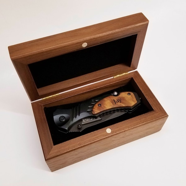 Boyfriend Gift,  Engraved Knife, Wood Handle Pocket Knife, Personalized Groomsman Gift, Monogrammed Knife, Valet Box for Dresser or Desk