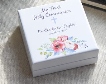 Personalized First Communion Keepsake Box Gift for Girl, Floral Design with Name and Date, Perfect Christian 1st Communion Gift