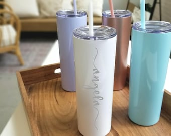 Stainless Steel Tumbler with Straw - Bridesmaid Gift- Personalized Stainless Steel Cup- Skinny Tumbler- 20 oz Double Wall Tumbler with Straw