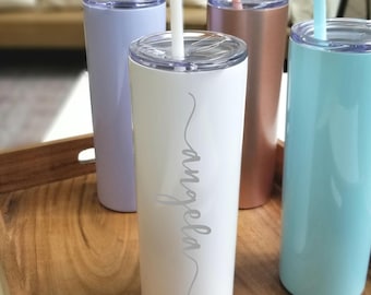 Gift for Mom, Engraved Stainless Steel Tumbler with Straw, Personalized Cup, NOT a Cheap Sticker, Skinny Tumbler,  20 oz Double Wall Tumbler