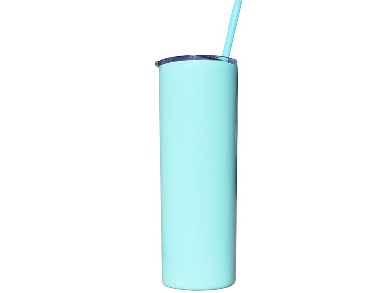 May include: A tall, light blue insulated tumbler with a matching straw. The tumbler has a sleek, cylindrical design and a silver-colored lid. The straw is inserted into the lid, ready for use. The tumbler is designed to keep drinks cold.
