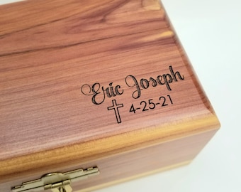 Engraved Wood Prayer Box, Christening, Baptism, God Child Gift, Grandchild Keepsake, Rosary, Lock and Key, Religious Gift, Cedar Wood