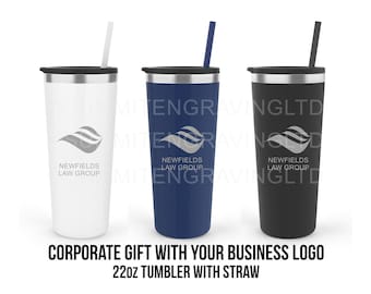 Custom Corporate Gift Engraved Stainless Steel Tumbler with Straw, NOT a Cheap Sticker, 22oz Double Wall Travel Mug With Your Business Logo