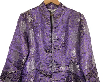 Vintage Panda Women's Oriental Silk Jacket Sz XL Jacquard Frog Closure Purple Gold