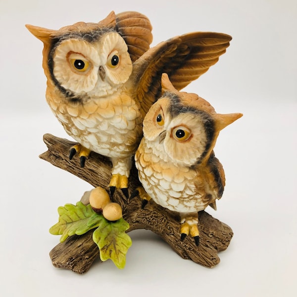 Vintage 80s Homco Ceramic Great Horned Owl Pair Figurine 1404 Original Stamp Sticker