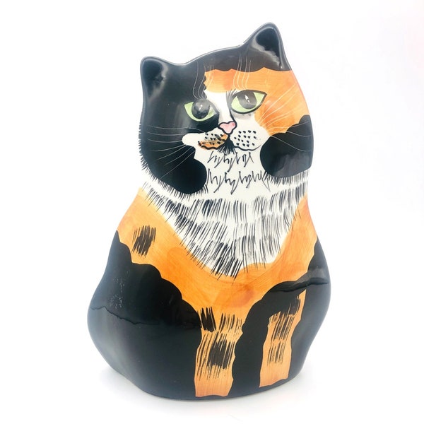 Vintage 3D Calico Cat Planter Ceramic Flower Vase Glossy Whimsy 8" Tall