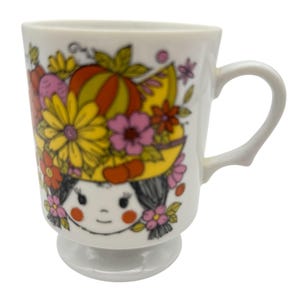 Vtg 70s Kawaii Retro Girl Flower Power Mug Colorful Ceramic Coffee Cup Japan