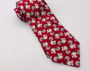 Italo Ferretti Luxurious Silk Tie Squirrel with Nut Handmade Italy Red 60" Long