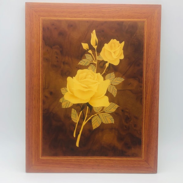 Vintage Marquetry Inlaid Wood Veneer Yellow Rose Floral Decor Love Friendship