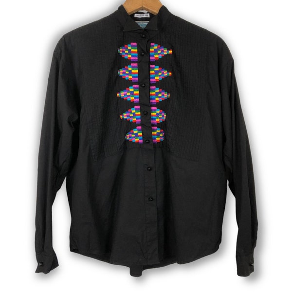 Vintage 1993 Southwest Canyon Button Down Shirt Western Colorful Embroidered Black Rodeo WIngtip Collar Tuxedo Ruffle All Cotton Sz Medium