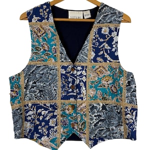 Vtg Casey & Max Button Up Patchwork Vest Sz Large Beaded Cotton Floral Blue Gold
