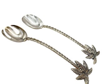 Set di posate da insalata Godinger Palm Tree in argento placcato, composto da forchetta e cucchiaio, 31,75 cm, stile vintage.