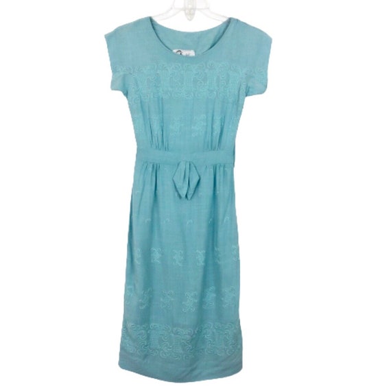 1940s 1950s Original Franklin Teal Blue Dress Emb… - image 1