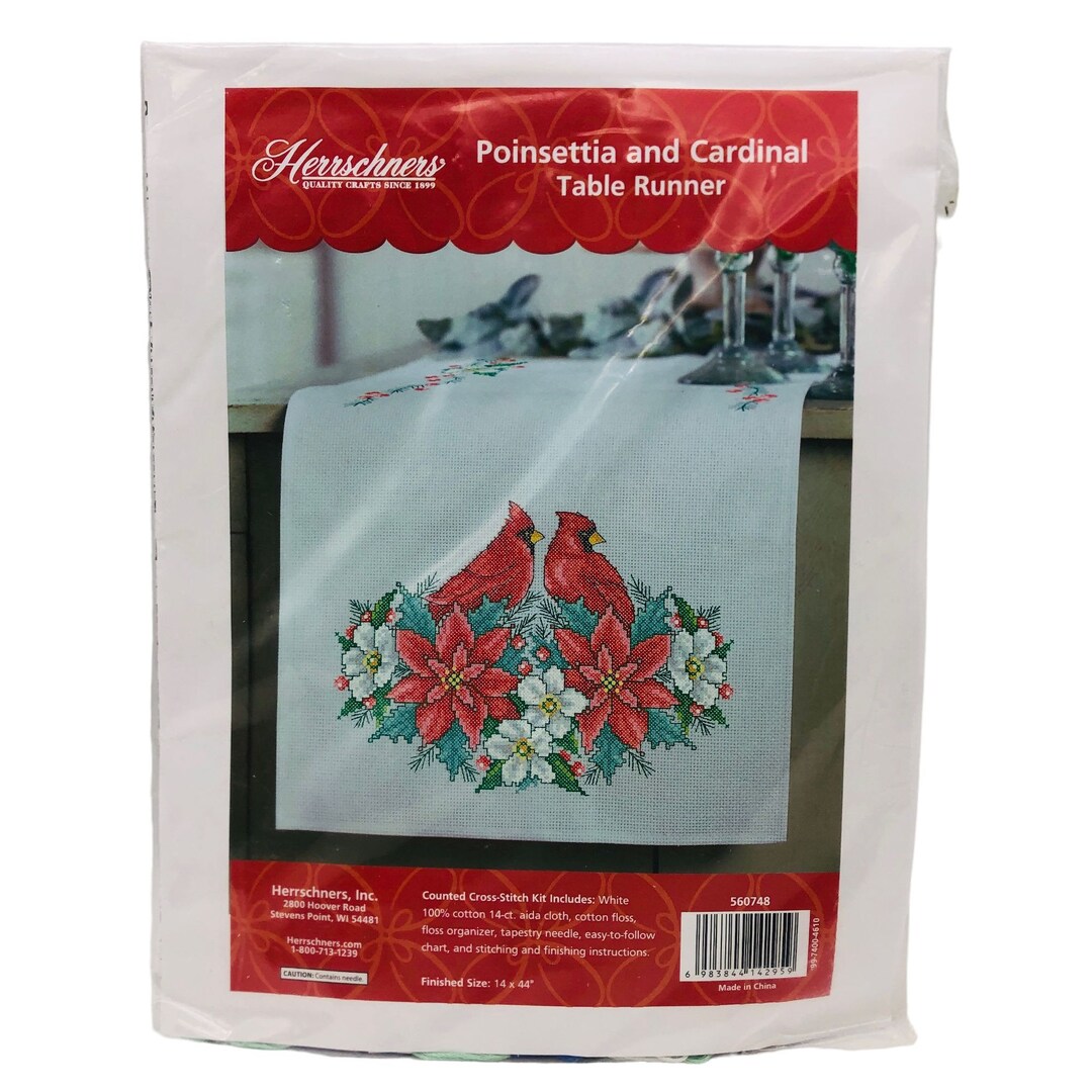 New DIY Herrschners Counted Cross Stitch Kit Poinsettia & Cardinal