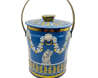 Lata decorativa vintage Murray-Allen Corinth de metal azul con tapa y asa dorada, Inglaterra