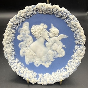 Antique Schafer & Vater German Blue Jasperware Plaque Kissing Cherub Maiden 2701