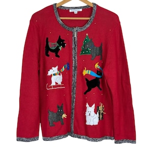 Mercer Street Studio Vtg Christmas Knit Cardigan XL Scottie Dogs Westies Tree Appliques
